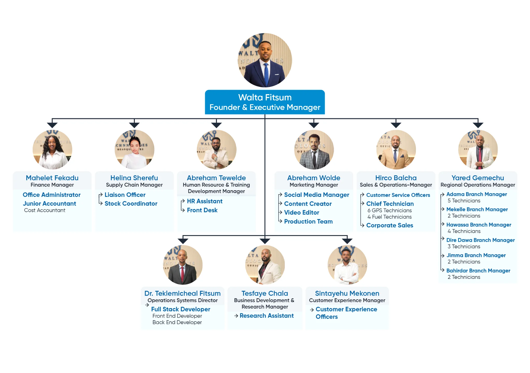Organizational structure of Walta Technologies showing the management team, reporting hierarchy, branch operations, and departmental structure across Ethiopia.